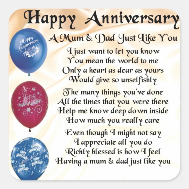 Mum & Dad Poem - Happy Anniversary - Cream Square Sticker (Front)