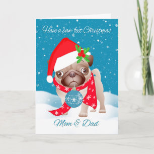 Mum & Dad, Pug Dog With Cute Santa Hat And Ornamen Holiday Card