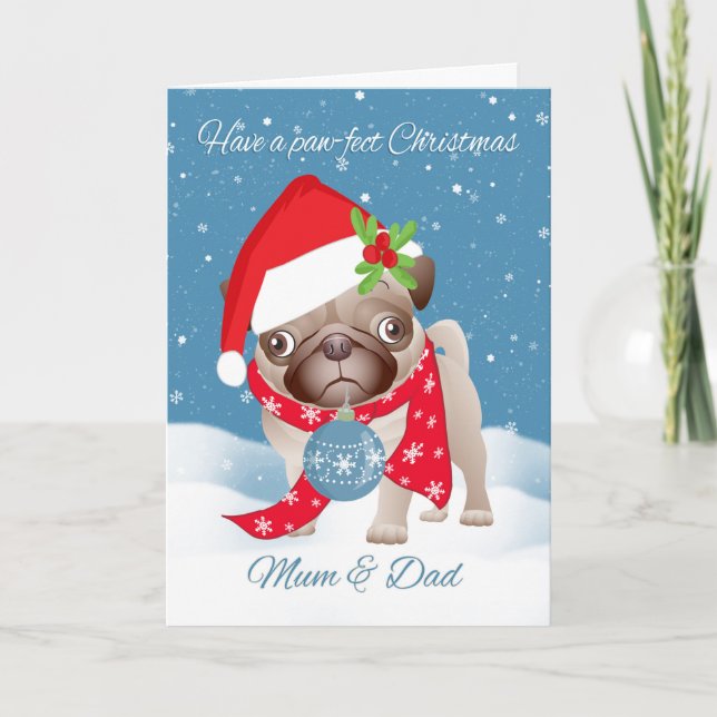 Mum & Dad, Pug Dog With Cute Santa Hat And Ornamen Holiday Card (Front)