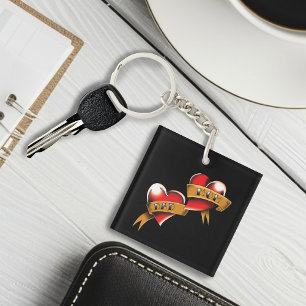 Mum Dad Red Hearts Tattoo Key Ring