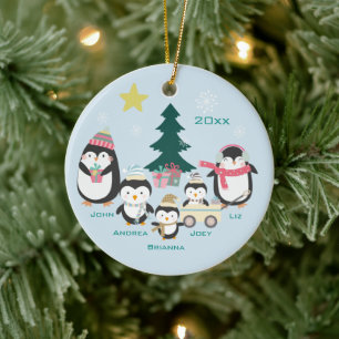 Mum, Dad & Three Children ~ Penguins Ceramic Tree Decoration