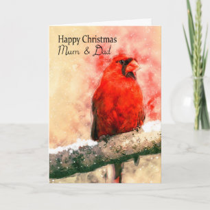 Mum & Dad, watercolor Christmas cardinal bird on a Holiday Card
