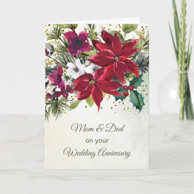 Mum & Dad, Wedding Anniversary, Poinsettia Holiday Card (Front)