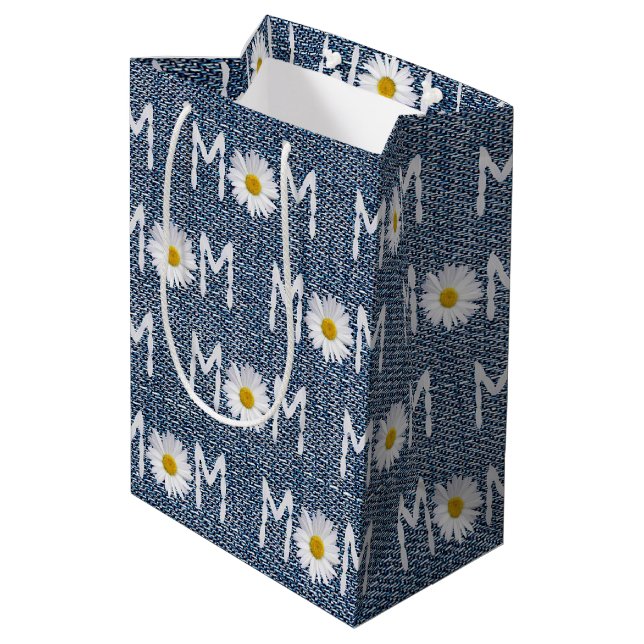 Mum Daisy On Blue Denim Medium Gift Bag (Back Angled)