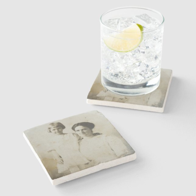 Mum & Daughter Foxed RPPC BW Photo Image Stone Coaster (Side)