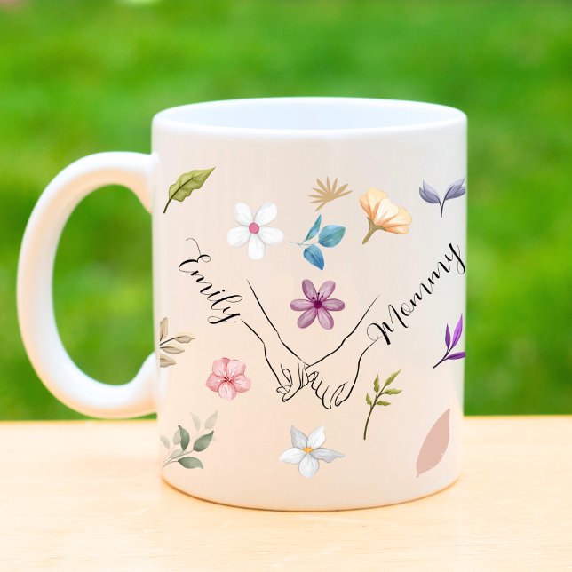 Mum daughter modern floral hold hand  coffee mug (Creator Uploaded)