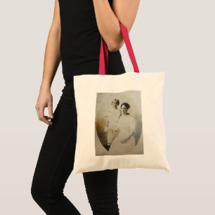 Mum & Daughter Oval Mask Foxed RPPC BW Photo Image Tote Bag