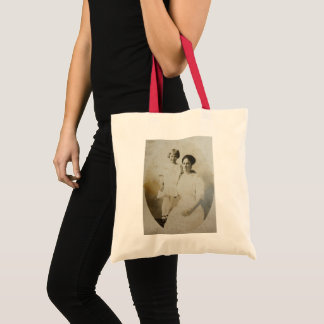 Mum & Daughter Oval Mask Foxed RPPC BW Photo Image Tote Bag