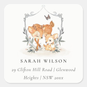 Mum Deer Fawn Floral Crest Baby Shower Address Square Sticker