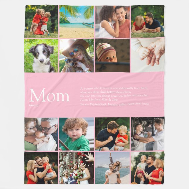 Mum Definition Family Photo Collage Pink Fleece Blanket (Front)