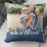 Mum Editable Text Overlay 2 Photo Double Sided Cushion<br><div class="desc">Create your own modern photo pillow with two of your favourite photos. The oversized typography is fully editable and currently reads "The Most Loved Mum in the world". The photo template is ready for you to add your pictures, which are displayed in landscape format. The colour palette is blue and...</div>