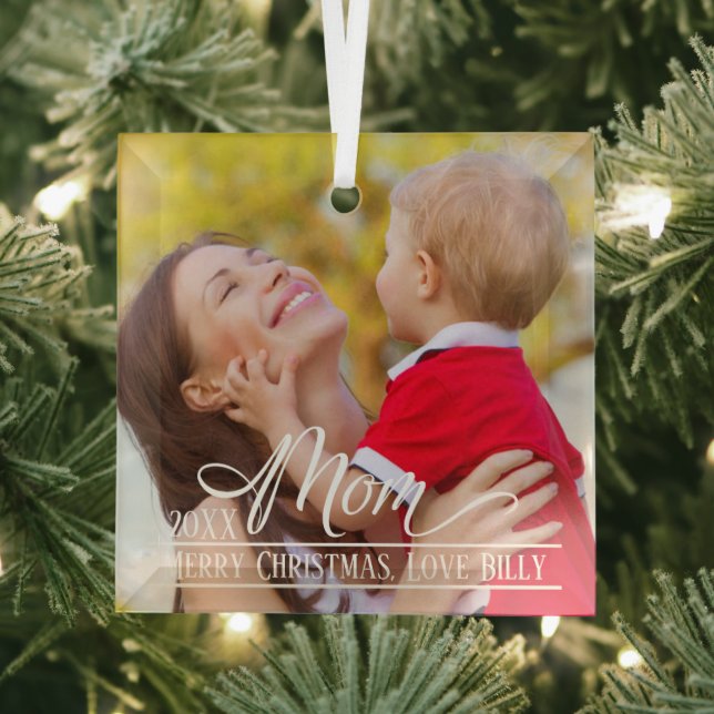 Mum Elegant Christmas Photo Personalised Glass Tree Decoration (Insitu)