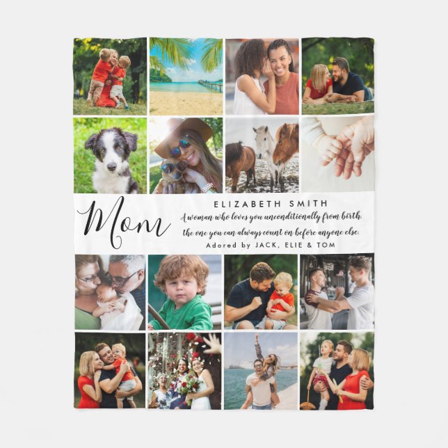Mum Elegant Script Quote 16 Photo Collage Fleece Blanket (Front)