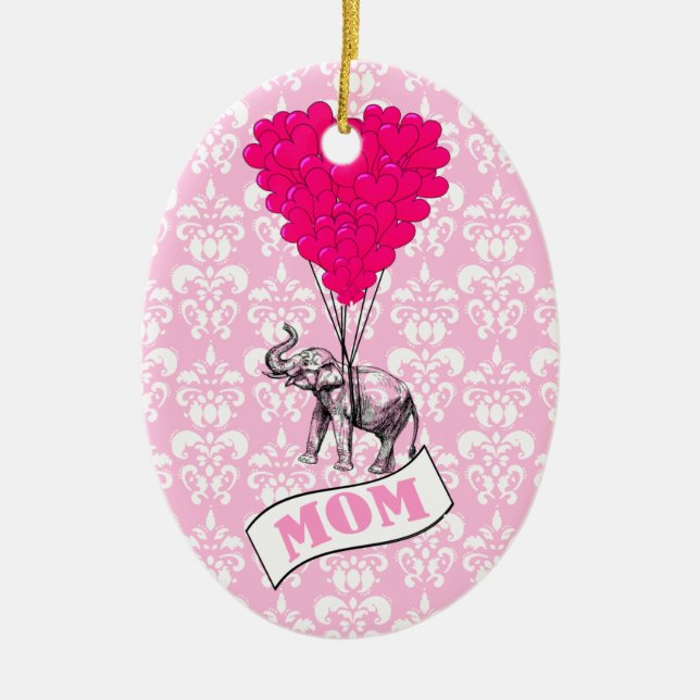 Mum, elephant and heart balloons ceramic tree decoration (Front)