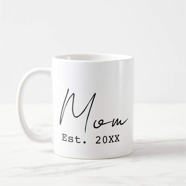 Mum Est. Simple Elegant Script Black White New Mum Coffee Mug (Left)