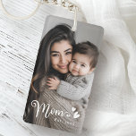 Mum est year hearts overlay photo key ring<br><div class="desc">Keychain featuring your custom photo and the text "Mum" in a cute calligraphy script font along with hearts and year as a white an overlay.</div>