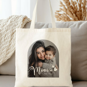 Mum est year hearts overlay photo tote bag