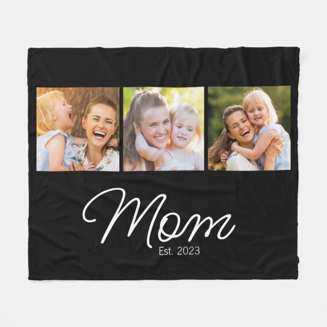 Mum Established 3 Photo Script Black Fleece Blanket (Front (Horizontal))