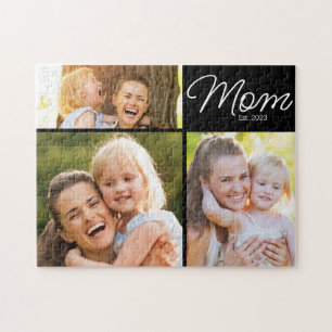 Mum Established 3 Photo Script Black Jigsaw Puzzle