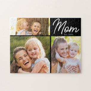 Mum Established 3 Photo Script Black Jigsaw Puzzle