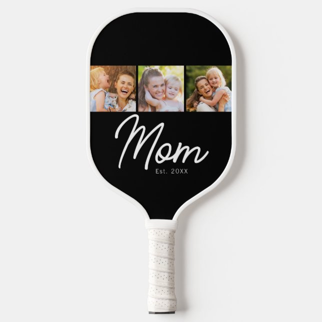 Mum Established 3 Photo Script Black Pickleball Paddle (Front)