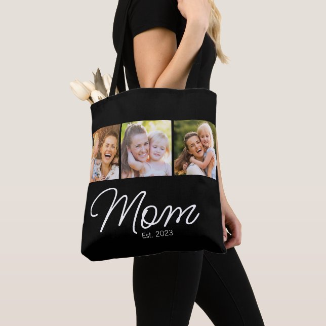 Mum Established 3 Photo Script Black Tote Bag (Close Up)