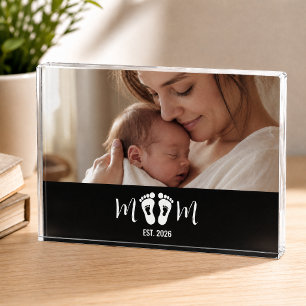 Mum Established Baby Footprints Photo Gift Block