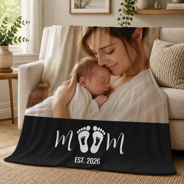 Mum Established Baby Footprints Photo Gift Fleece Blanket (Creator Uploaded)