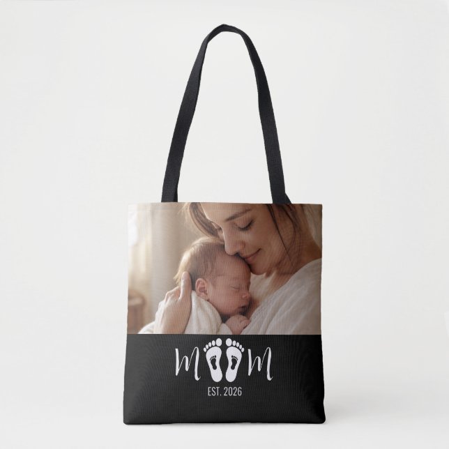 Mum Established Baby Footprints Script Black Photo Tote Bag (Front)