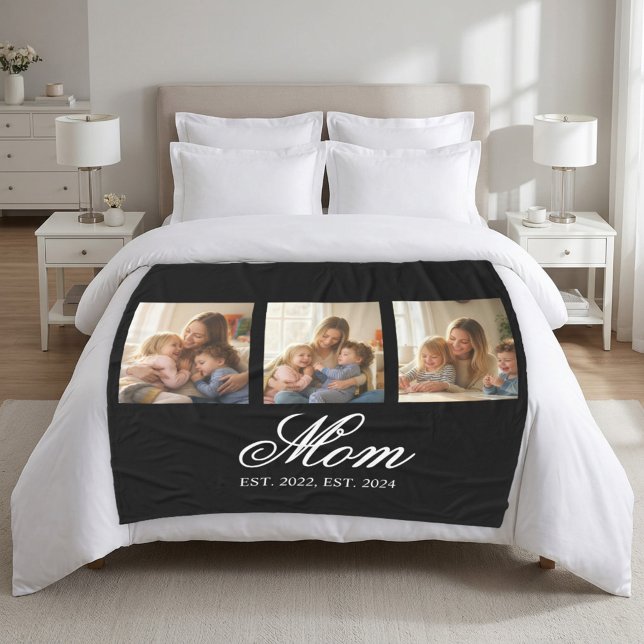 Mum Established Black Elegant Script 3 Photo Fleece Blanket (Mom EST. Elegant Script 3 Photo Fleece Blanket. personalize the est years for a Mother's Day Gift)