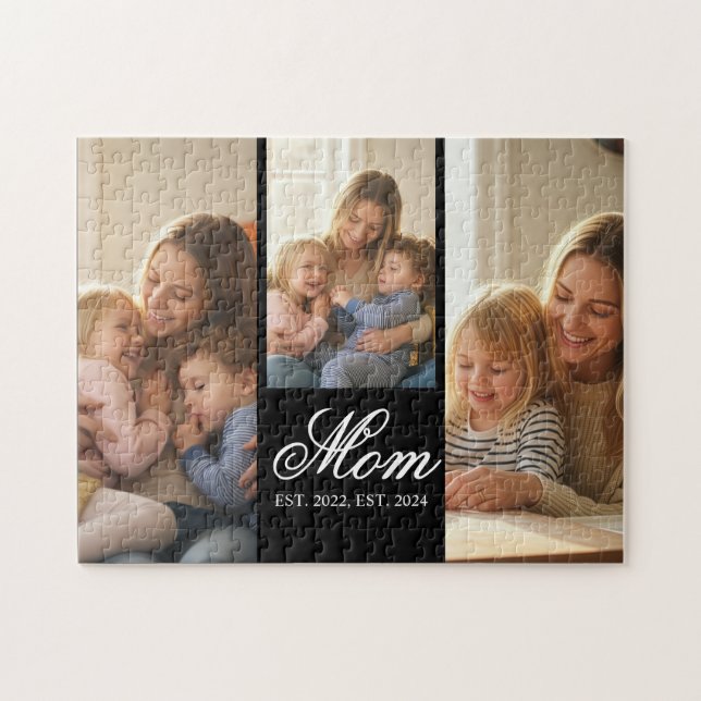 Mum Established Black Elegant Script 3 Photo Jigsaw Puzzle (Horizontal)