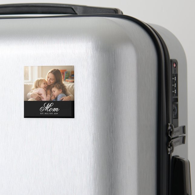 Mum Established Black Elegant Script Photo Magnet (In Situ (Luggage))