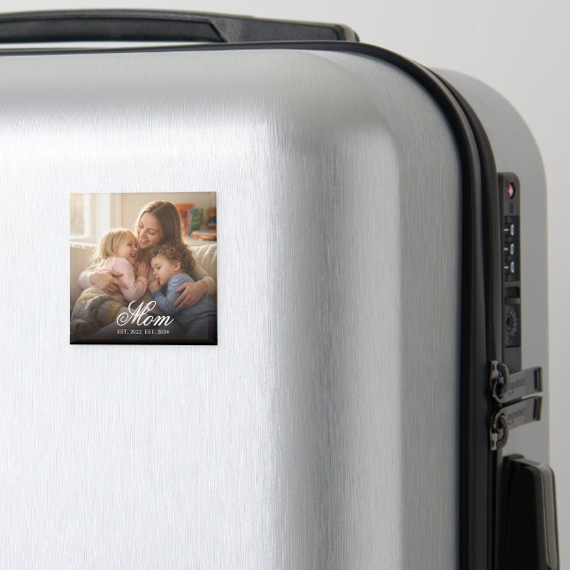 Mum Established Black Elegant Script Photo Magnet (In Situ (Luggage))