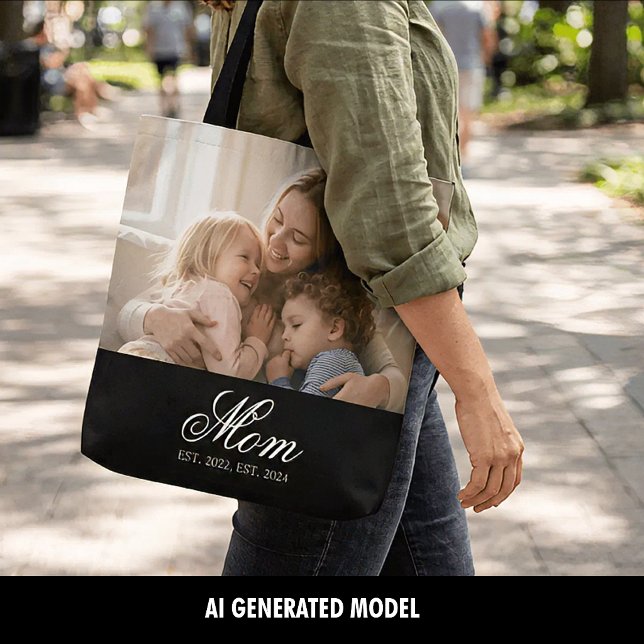Mum Established Black Elegant Script Photo Tote Bag (Mom Established Black Elegant Script Photo Tote Bag)