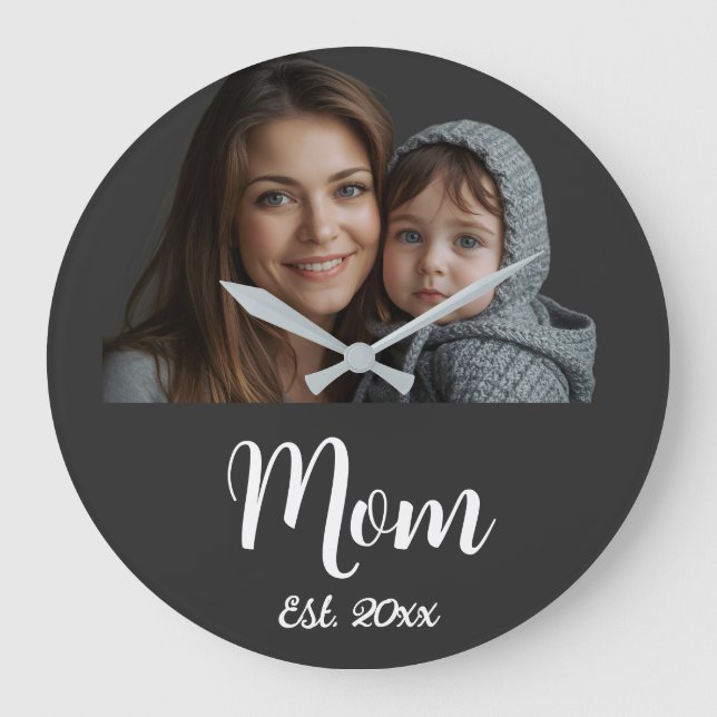 Mum Established Black Modern Script Clock (Front)