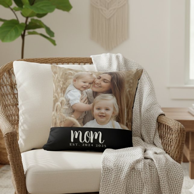 Mum Established Black Modern Script Photo Cushion (modern black and white mom established date custom photo pillow for mother's day or christmas gift)