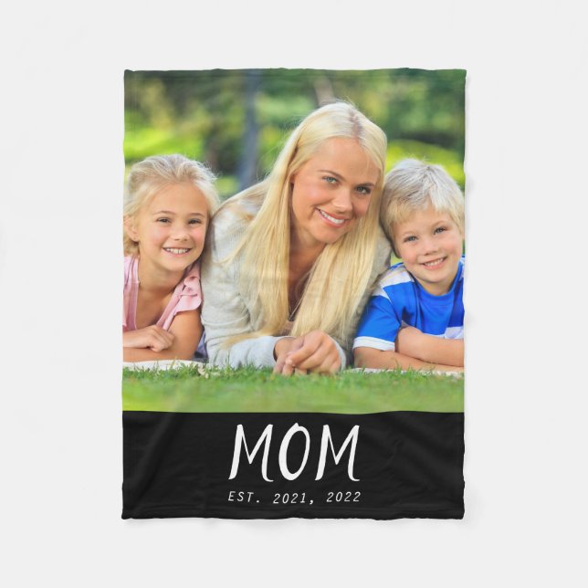 Mum Established Black Modern Script Photo Fleece Blanket (Front)