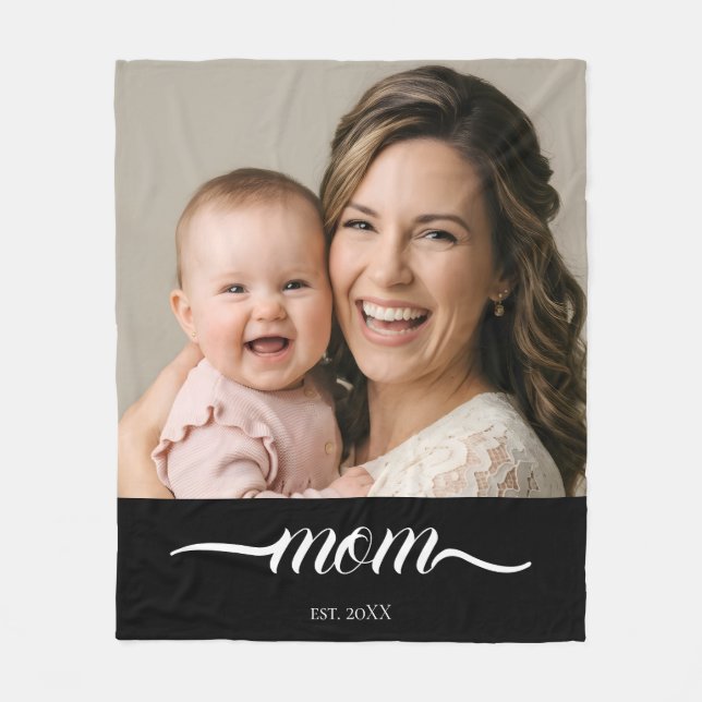 Mum Established Black Modern Script Photo  Fleece Blanket (Front)