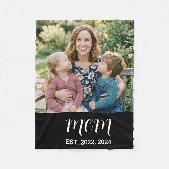 Mum Established Black Modern Script Photo  Fleece Blanket (Front)