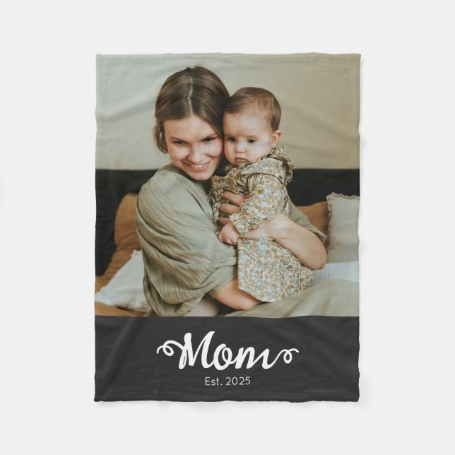 Mum Established Black Modern Script Photo Fleece Blanket (Front)