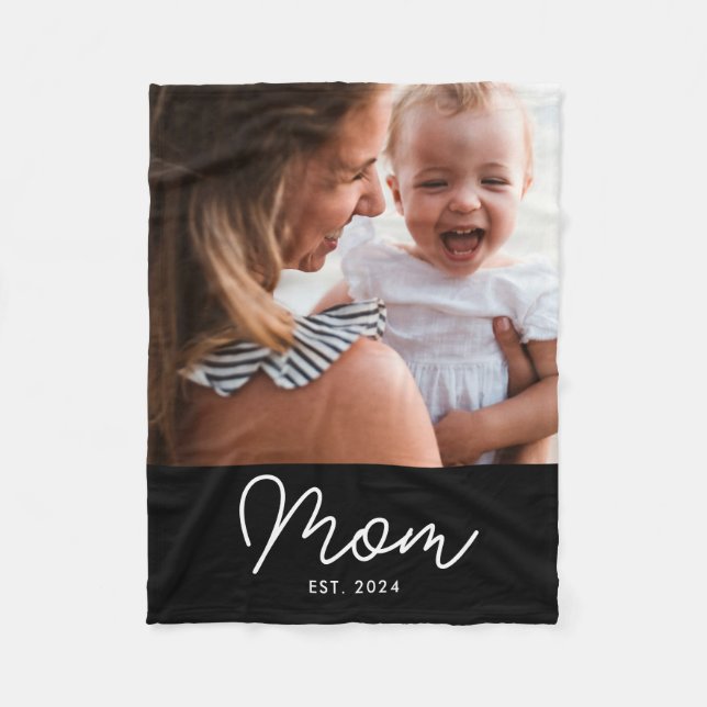 Mum Established Black Modern Script Photo Fleece Blanket (Front)