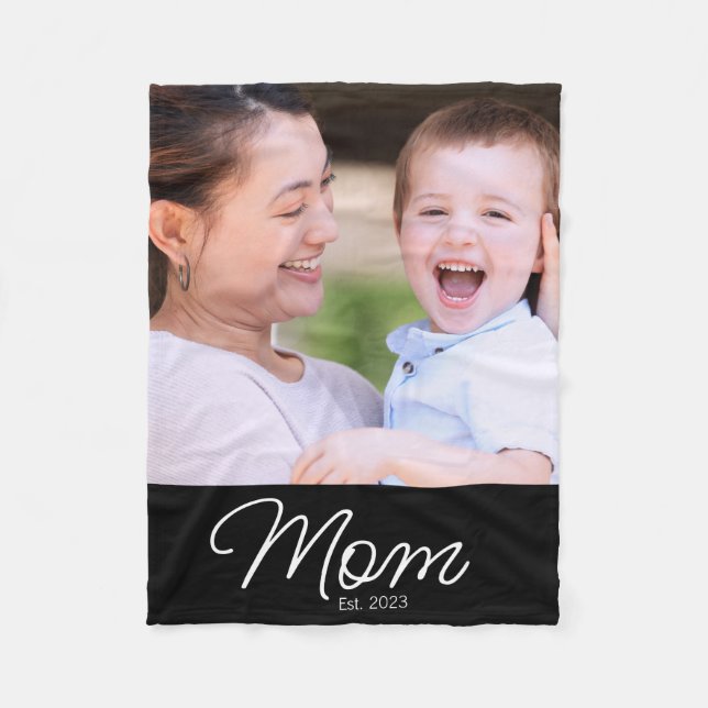 Mum Established Black Modern Script Photo Fleece Blanket (Front)