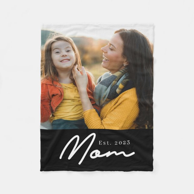 Mum Established Black Modern Script Photo Fleece Blanket (Front)