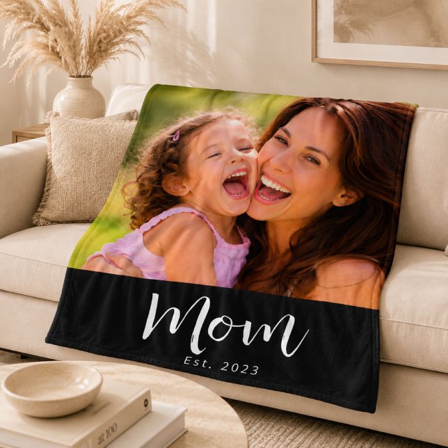 Mum Established Black Modern Script Photo Fleece Blanket (Creator Uploaded)