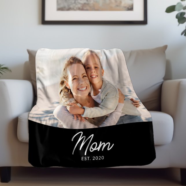 Mum Established Black Modern Script Photo Fleece Blanket (Creator Uploaded)