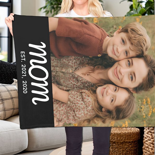 Mum Established Black Modern Script Photo Fleece Blanket (Creator Uploaded)