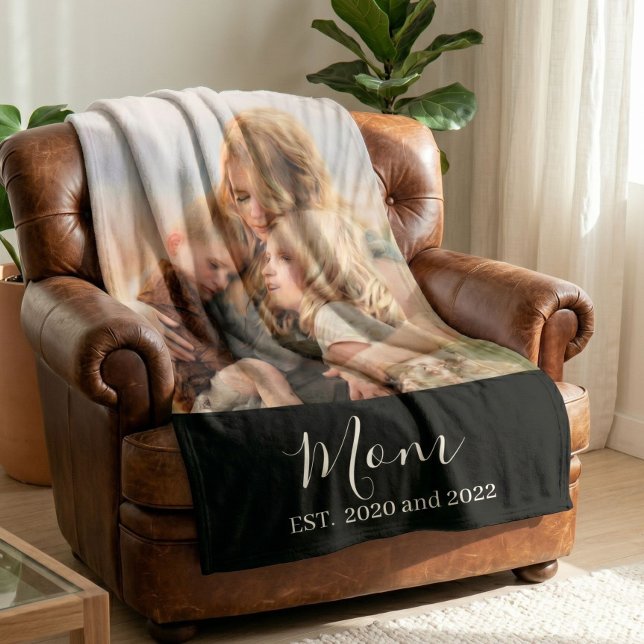 Mum Established Black Modern Script Photo  Fleece Blanket (Creator Uploaded)