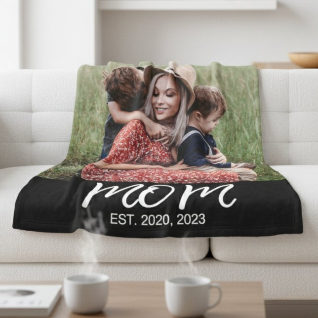 Mum Established Black Modern Script Photo Fleece Blanket (Creator Uploaded)