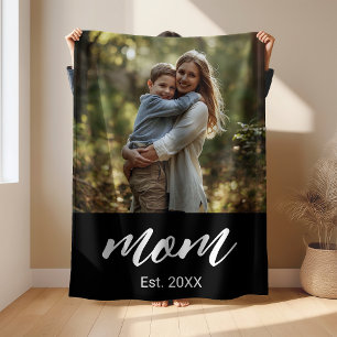 Mum Established Black Modern Script Photo Fleece Blanket