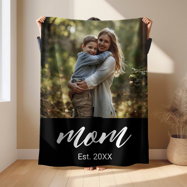 Mum Established Black Modern Script Photo Fleece Blanket (Creator Uploaded)